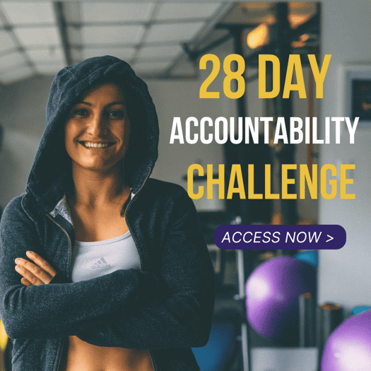 Photo of Rosa in gym wear smiling. With the text "28 Day Accountability Challenge! Access Now!"