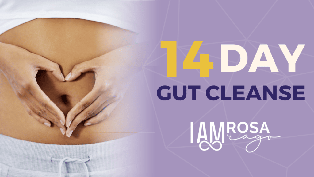 Promotional Graphic for The 14 Day Gut Cleanse. Contains the title, as well as the I Am Rosa Rago Logo, next to a photo of a woman's stomach, over which she is holding her hands in a heart shape around her navel.